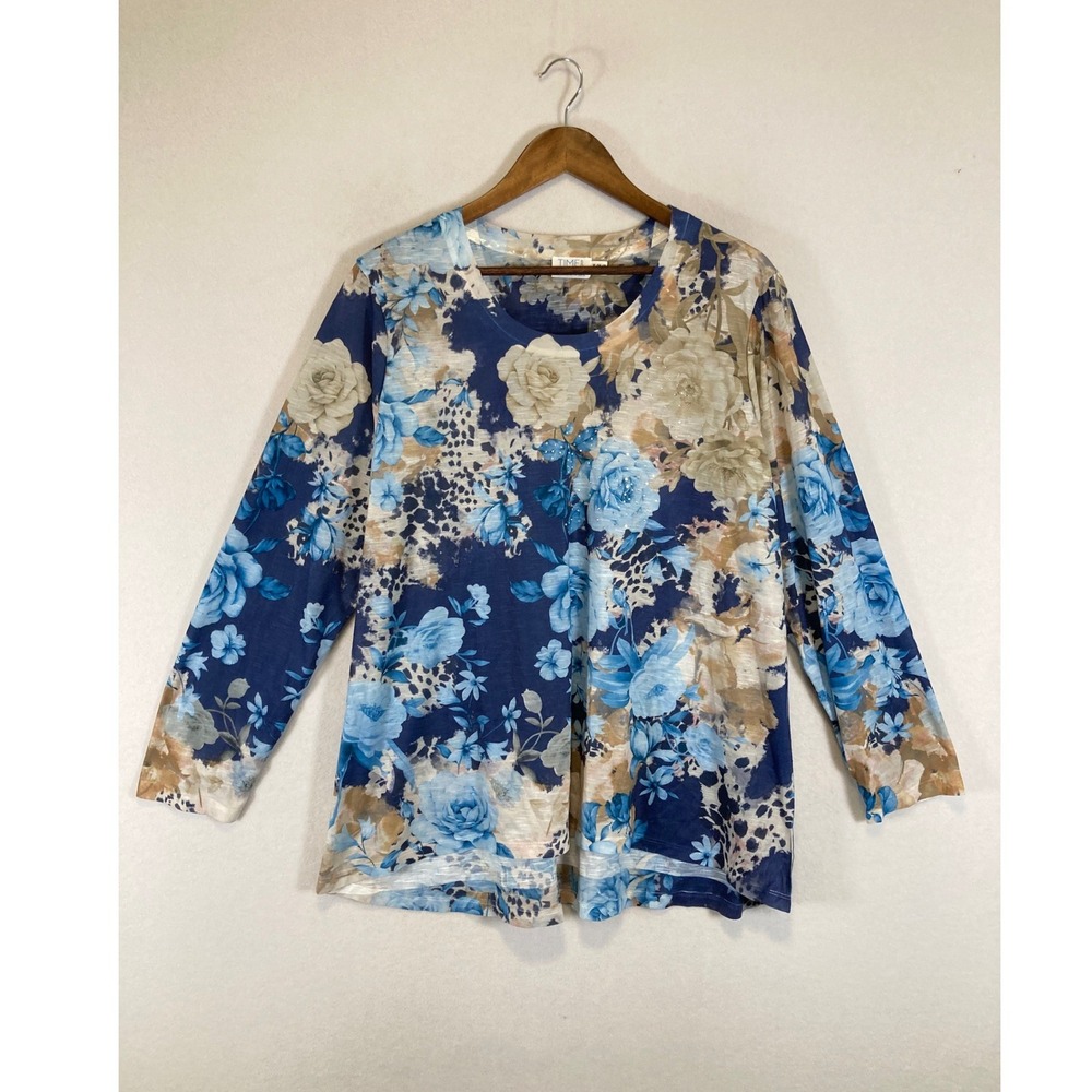 Boho Floral Leopard Time and‎ Tru Women XL Blue Long Sleeve High Low Tunic Top